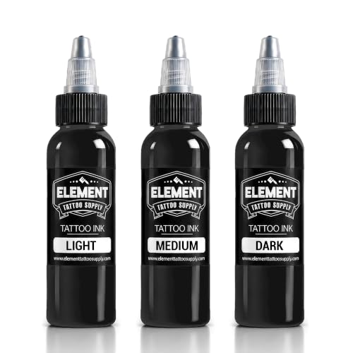 Element Tattoo Supply 2 oz Greywash Set – 3 Shades Greywash (Light, Medium, Dark) for Black & Grey Tattoos