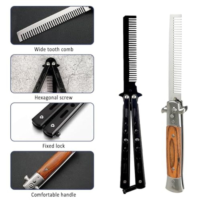 2 Piece Beard Comb, Beard Comb for Men,Folding Mustache Combs for Men, Stainless Steel and Wood Grain Travel Metal Beard Combs,Beard Beauty Tool