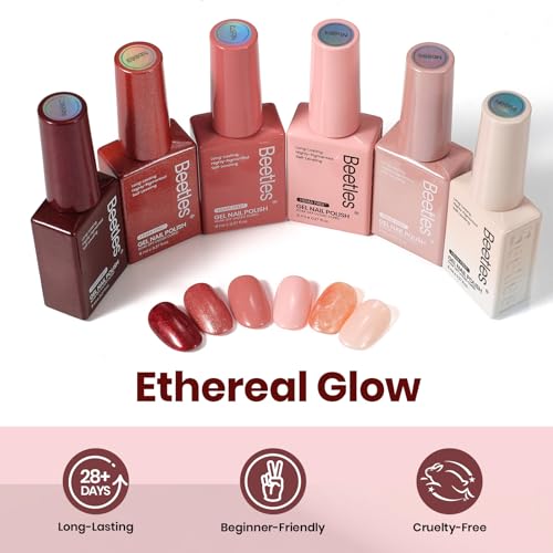 Beetles 22 Pcs HEMA-Free Gel Nail Polish Kit with U V Light - 6 Color Pink Nude Red Pearl White Gel Polish Set Ethereal Glow Gift-Ready Package DIY Salon Portable Manicure Kit Women Girls Teens Gifts