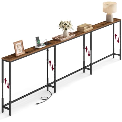 Adjustable Console Table 106.3 Inch with Power Outlet - Rustic Brown + Matte Black Variation