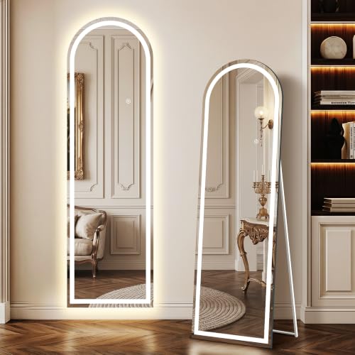 White Arched Full Length Mirror with LED Lights - 56x16 Inch Dimmable Vanity Mirror