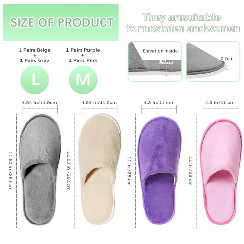 Disposable Guest Slippers 8 Pairs - Washable Hotel Spa Indoor House Shoes (Pink, Purple, Grey, Beige)