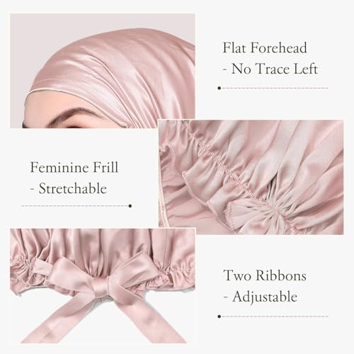 Silk Sleep Cap for Women - Adjustable Mulberry Silk Bonnet Rosy Pink