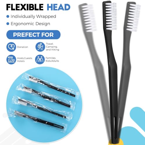 Disposable Soft Toothbrushes Bulk Pack for Travel Hotels & Home Use - 200 Black Individually Wrapped