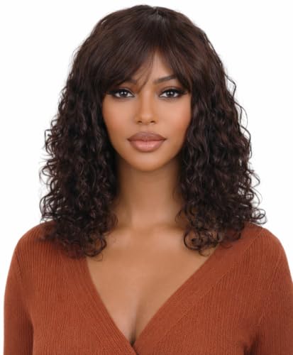 ManeMajesty Wet and Wavy Human Hair Wig with Bangs 16 Inch, 150% Density, Natural Color