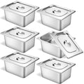 6 Pack Stainless Steel Hotel Steam Table Pans 1/2 Size 6'' Deep with Lids - Commercial Food Storage