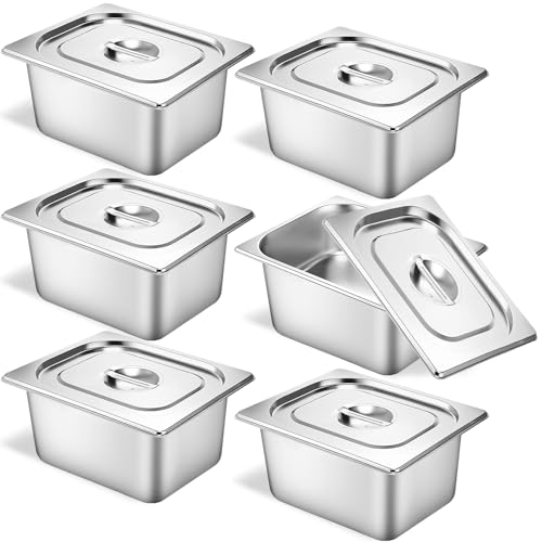 6 Pack Stainless Steel Hotel Steam Table Pans 1/2 Size 6'' Deep with Lids - Commercial Food Storage