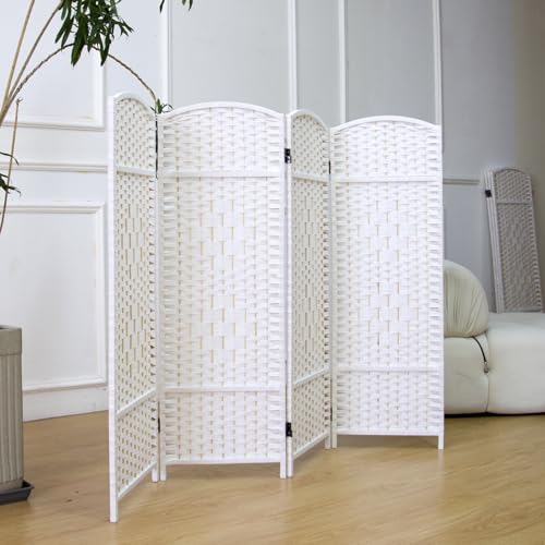 Furnnylane White 4-Panel Rattan Room Divider Short Screen, 47.2" H x 63" W, Foldable & Easy to Set Up