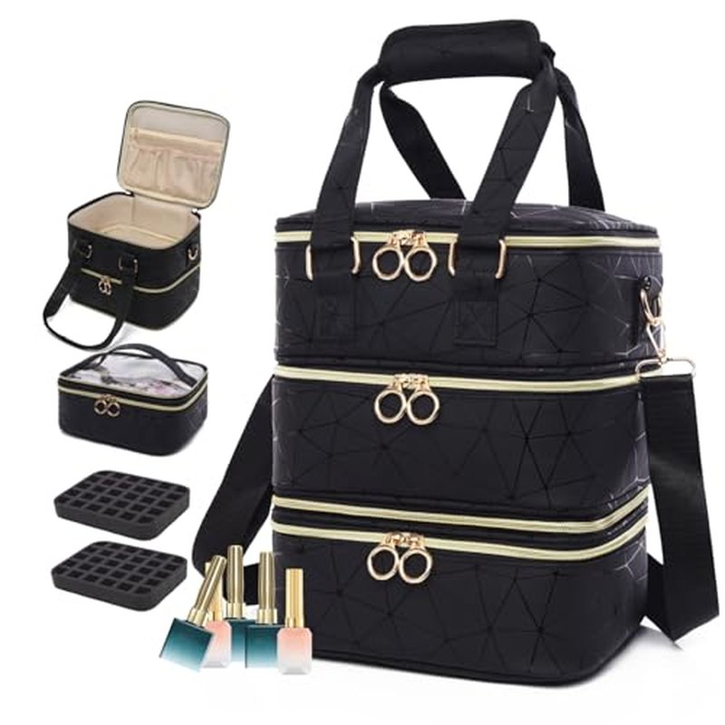 3 Layers Nail Polish Organizer Bag - Holds 60 Bottles,Portable Travel Case with Shoulder Strap,Nail Tech Kit Storage,Versatile Cosmetics Case,Detachable,Waterproof,Gifts for Women