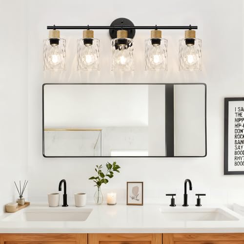 Matte Black 5-Light Coastal Vanity Light with Crystal Glass Shades – Farmhouse Bathroom Wall Fixture
