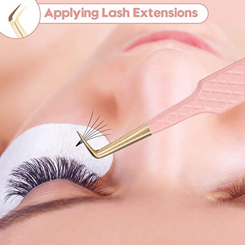 Ms.Queen Eyelash Extension Tweezers Set,Fiber Tip Volume Tweezers Curved 45 90 Degree Angled Tip Lash Tweezers for Mega Volume Mink Lashes
