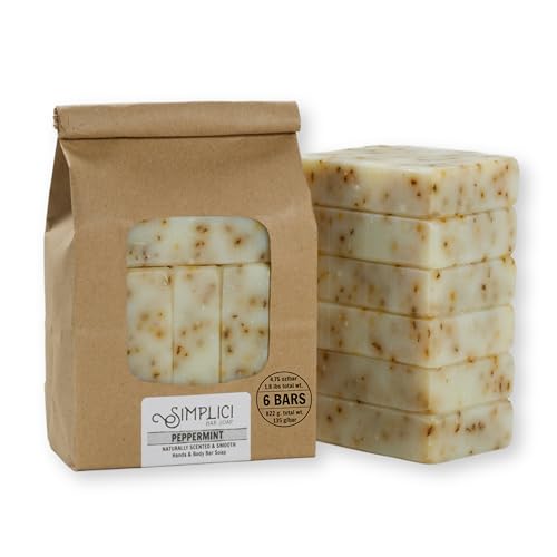 Simplici Peppermint Natural Soap (exfoliating + pure essential oils) 6 Bar Value Bag. Palm Free.