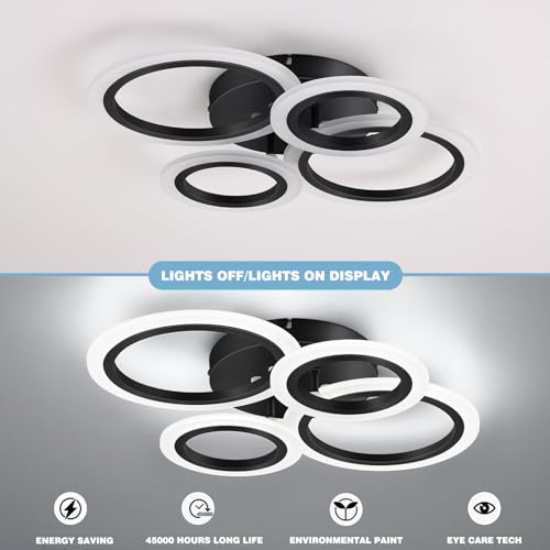 4-Light LED Flush Mount Ceiling Light - Black Modern Geometric Rings - Not Dimmable