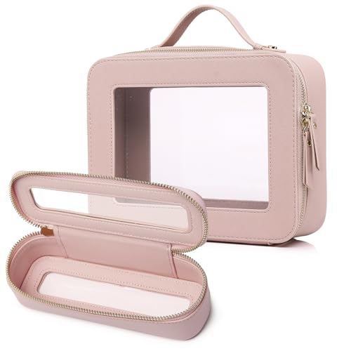 Clear Makeup & Brush Bag Set - Slim Travel Toiletry Organizer with Handle