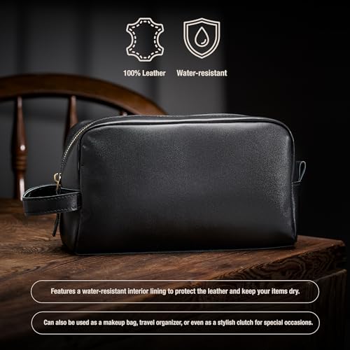 Awesometik Unisex Premium Travel Bag - Toiletries Organizer Case for Grooming, Jewelry - Travel Essentials Shaving Dopp Kit - Geniune Leather Water Resistant Cosmetic Bag For Men, Women (Black)