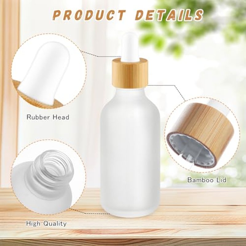 12 Pcs Frosted Glass Dropper Bottle Refillable Essential Oil Container Jars with Eye Dropper & Bamboo Lids for Perfume Sample Cosmetic Liquid Travel - 60ml/2oz