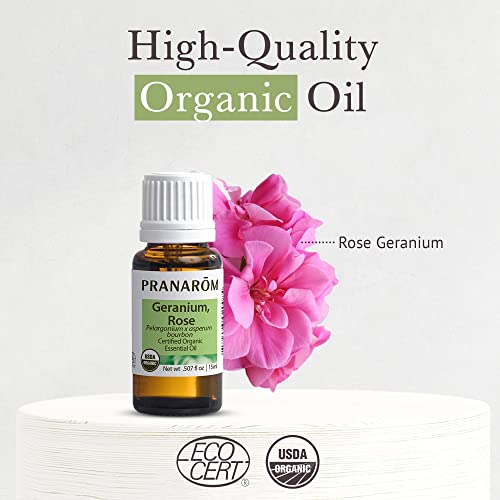 Pranarom Organic Rose Geranium Essential Oil 15ml (0.5 Fl Oz) for Aromatherapy & Skincare