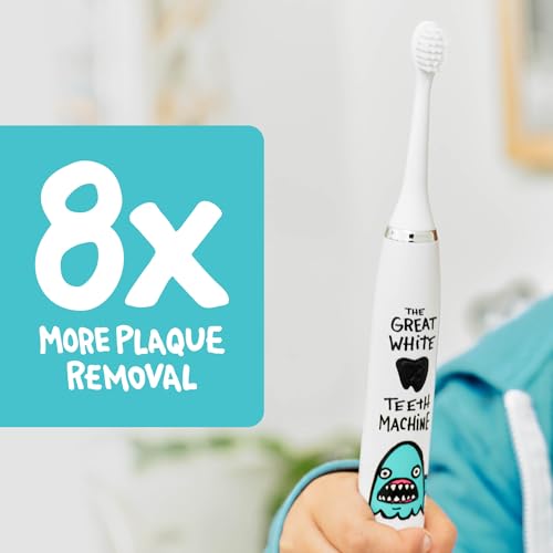 Kids Electric Toothbrush - Rechargeable Vibrating Shark Design with 6 Replacement Heads, Timer, Gently Cleans Teeth - Made by Dentists - Shark