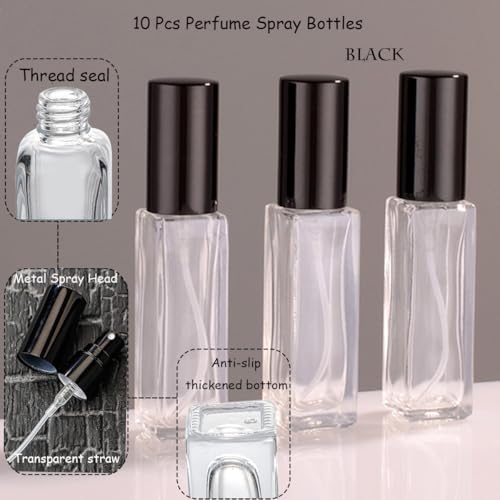 Mini Perfume Atomizer 20ml Refillable Glass Perfume Bottles Empty Spray Bottles for Travel Fine Mist Sprayer for Toiletries Sample Dispenser -10 Pcs Black