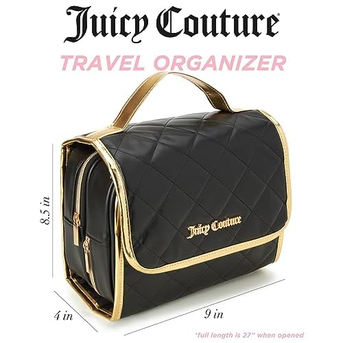Juicy Couture Black Makeup Bag Cosmetics Organizer Travel Essentials Hanging Hook Faux Quilted Leather Gold Trim