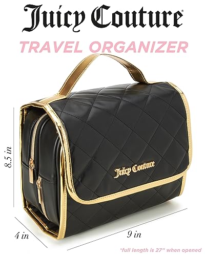 Black Faux Quilted Leather Makeup Bag with Gold Trim - Travel Toiletry Organizer