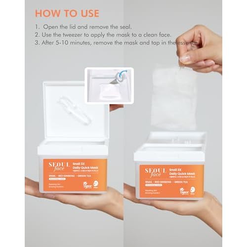 DERMAL Seoul Face Snail Mucin 5-Min Quick Sheet Mask 36 Count Bulk, Korean Morning Pull-Out Dispenser with Tweezers, Red Ginseng Green Tea Antioxidant Face Mask for Skin Renewal, Vegan Tencel