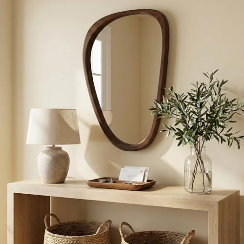 Solid Wood Wall Mirror 30x20 Dark Walnut Irregular Shape - Modern Decor