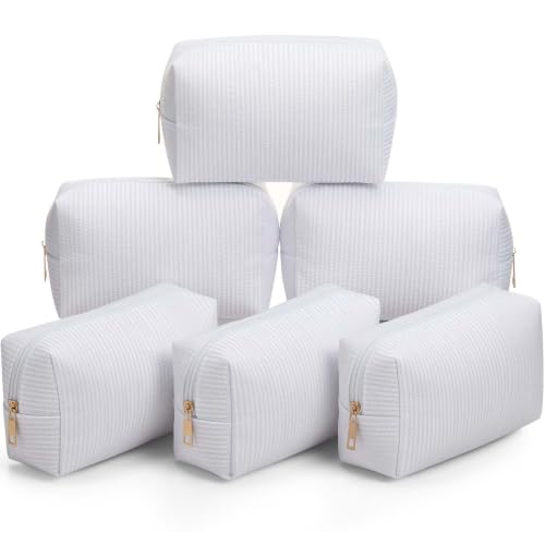 White Seersucker Cosmetic Bags Set of 6 - Striped Zippered Travel & Makeup Pouches - Sanwuta