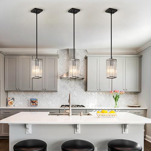 Kvhiiw 3-Pack Black Crystal Pendant Lights for Kitchen Island & Dining Room - Adjustable Height, Dimmable, Modern Design