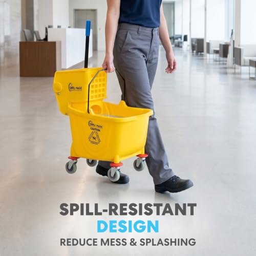 2-Pack 35 Quart Commercial Mop Buckets with Wringer and Sign - Yellow