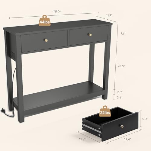 Gizoon 39W Black Sofa Table with Outlets & USB Ports, Modern Console