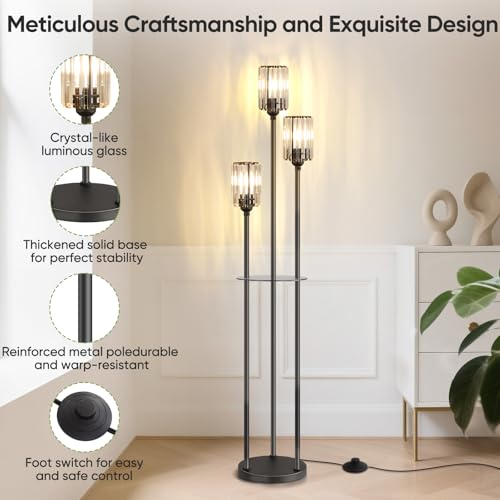 Black Crystal Floor Lamp with Shelves - 67-Inch Tall Modern Standing Light