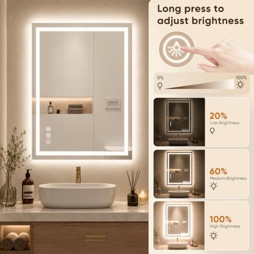 LED Bathroom Mirror with Lights - 36 Inch x 30 Inch, White, 3 Light Modes, Anti-Fog