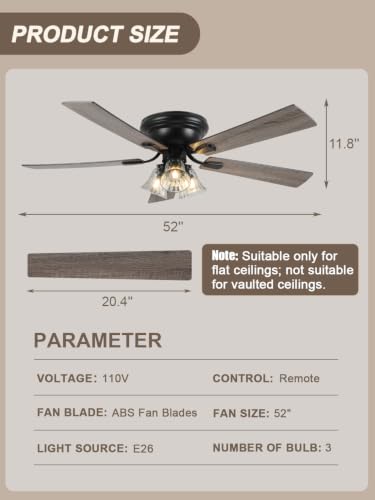 52 Inch Flush Mount Farmhouse Ceiling Fan with Lights and Remote - Variation 5215