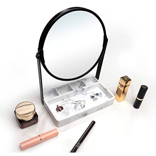 Vanity Mirror With Marble Tray, Two-Sided 6 Inches 1X/3X Magnification Makeup Mirror With Stand, Table Mirror