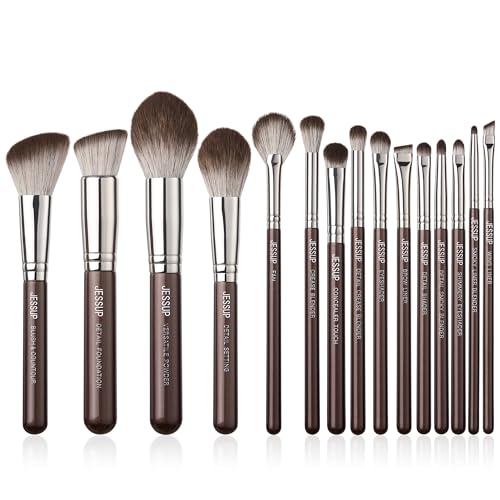 Jessup Shimmer Brown Makeup Brush Set with 15 Professional Brushes for Face & Eyes