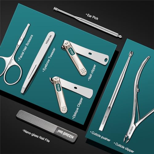 MR.GREEN Manicure Sets Nail Clipper Set 8 in 1 Pedicure Kits Stainless Steel Personal Care Tools with Microfiber Leather Case(Mr-6659)