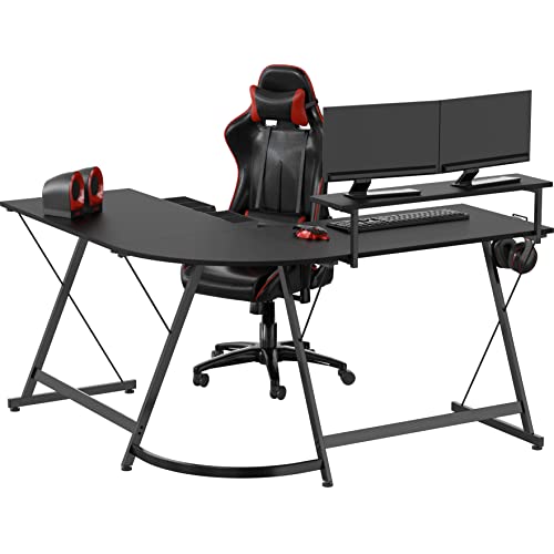 Black L-Shaped Corner Desk with Monitor Stand & Drawer - 51x51 Inch