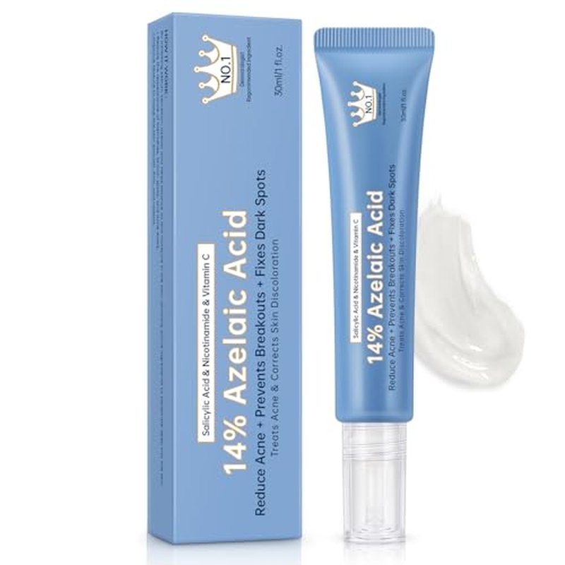 Azelaic Acid 14% Acne Cream for Redness Relief, Dark Spots, Facial Serum with Niacinamide & Vitamin C Prevent Acne Breakouts, Azelaic Acid Serum for Balance Excess Sebum & Soothe Irritation, 1 Oz.