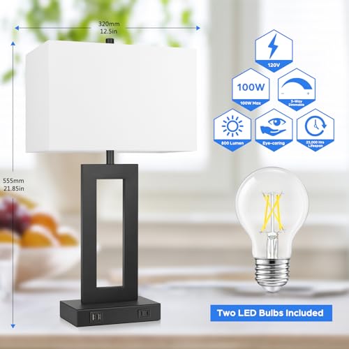 TOBUSA 22-Inch White Modern Touch Control Table Lamp Set of 2 with USB Ports