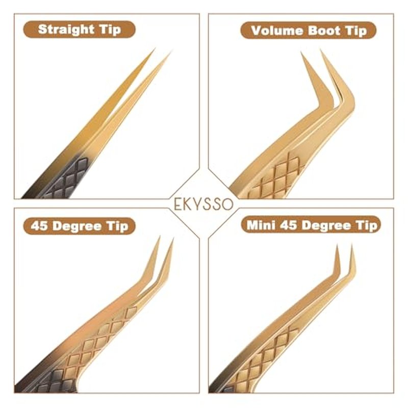 Lash Tweezers for Eyelash Extension, Set of 4 Lash Extension Tweezers with Diamond Grip, High Precision Eyelash Tweezers Set for Volume & Classic Lashes