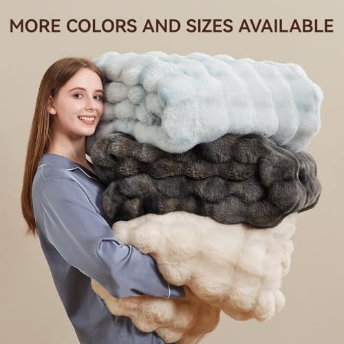 Anysay Faux Fur Throw Blanket - Grey Queen 80x90 Inches Fluffy Bubble Design