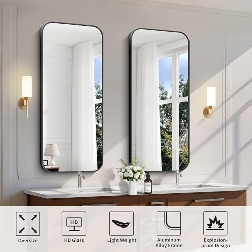 Black Bathroom Mirror 20x48 Inches Rectangle Wall Mount with Aluminum Frame – Rounded Corner Design