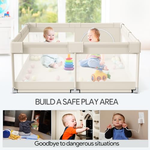 Fodoss Beige Baby Playpen 47x47in, Safety Mesh Play Yard for Toddlers & Babies