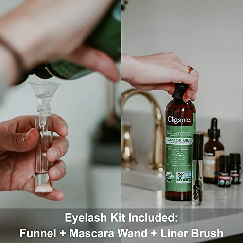 Cliganic Organic Castor Oil, 100% Pure (6oz with Eyelash Kit) - For Eyelashes, Eyebrows, Hair & Skin