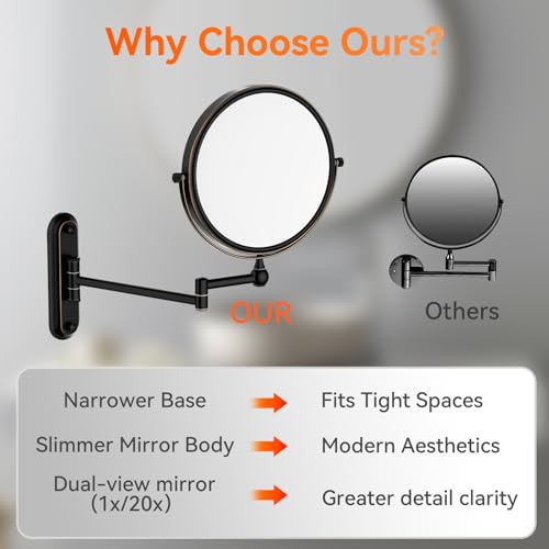 GURUN 8-Inch Wall Mount Makeup Mirror with 20X Magnification for Bathroom - 360¡Æ Rotation & Extended Arm Oil-Rubbed Bronze Dual-Sided Bathroom Mirror for Makeup, Skincare M1207T(8in,20X)