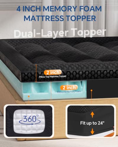 Dual Layer Memory Foam Mattress Topper Twin XL Black - Cooling & Support