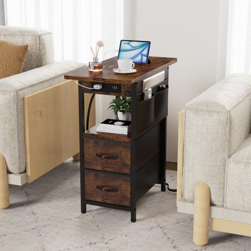 Rustic Brown Small Side Table with Charging Station & Storage Pocket