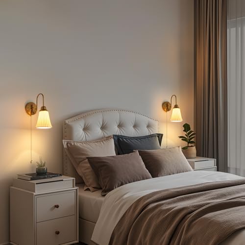 Hardwired Ceramic Wall Sconces Set of 2 with Pull Chain - Curve Arm Design
