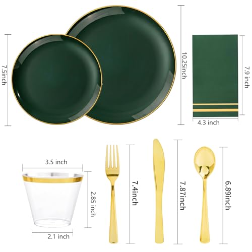 Green Disposable Plastic Plates Set for 50 Guests - Dinner & Dessert Plates, Gold Silverware, Cups & Napkins - Variation: Green